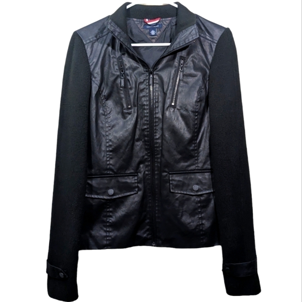 Tommy Hilfiger Women's Black Faux Leather Motorcycle Jacket Medium